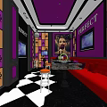 Modern KTV Interior With Purple Black Walls PERFECT Lettering TV Screens Red Sofa Checkered Floor