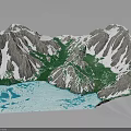 Snowy Mountain Landscape With Blue Lake And Lush Green Vegetation
