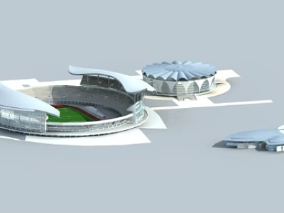 Modern Large Stadium Complex With Curved Roof And Green Field 3d model