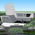 Modern Office Building With Abstract Geometric Design Glass Curtain Wall And Greenery