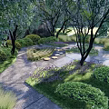 Tranquil Park Landscape With Stone Path Stepping Stones Lush Greenery And Colorful Flowers