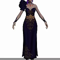 Fantasy 3D Woman Model With Purple Hair Dark Long Dress And Golden Patterns