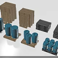 Stacked Wooden Pallets And Blue Barrels For Storage Logistics Supplies