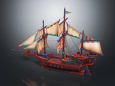 Vintage Wooden Ship With Multiple Colorful Sails And Red Hull Design 3d model