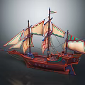 Vintage Wooden Ship With Multiple Colorful Sails And Red Hull Design