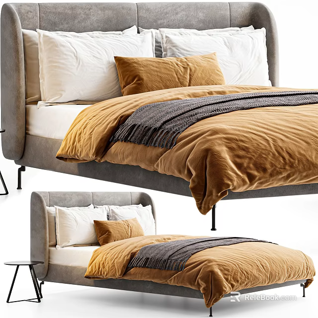 Modern Double Bed With Upholstered Headboard Brown Velvet Duvet Gray Blanket And Cream Pillows 3d model 