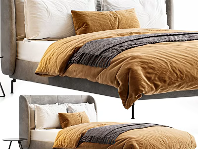 Modern Double Bed With Upholstered Headboard Brown Velvet Duvet Gray Blanket And Cream Pillows 3d model
