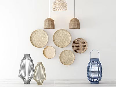 Modern Decorative Ornament Set With Circular Woven Discs Hanging Woven Shades And Grey Blue Vases 3d model