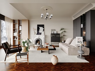 Modern Living Room Interior Design With Fireplace Chandelier And Beige Sofa 3d model