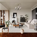 Modern Living Room Interior Design With Fireplace Chandelier And Beige Sofa