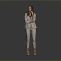 Businesswoman in Beige Suit Standing with Hand on Chin and High Heels on Gray Background 3d model