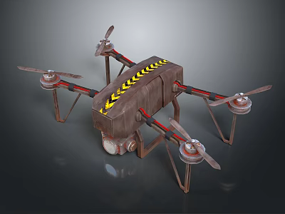 Industrial Four Propeller Drone With Yellow Black Warning Stripes Metallic Body And Underneath Sensor 3d model