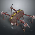 Industrial Four Propeller Drone With Yellow Black Warning Stripes Metallic Body And Underneath Sensor