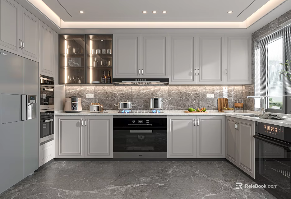 Modern Gray Kitchen Interior Design With Marble Countertop Cabinets And Appliances 3d model 