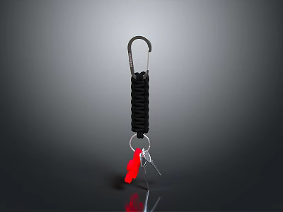 Black Coiled Lanyard Keychain With Metal Carabiner Red Pendant And Silver Tools 3d model