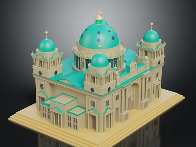 Classical Building Design Featuring Turquoise Main Dome and Twin Smaller Domes With Ornate Facade 3d model
