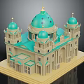 Classical Building Design Featuring Turquoise Main Dome and Twin Smaller Domes With Ornate Facade