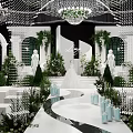 Luxurious Event Stage With White Arch Structures Greenery Chandeliers And Pathway