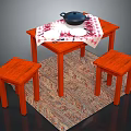 Wooden Table with Stools Red White Checkered Tablecloth Black Pot Plate Spoon Fork on Rug