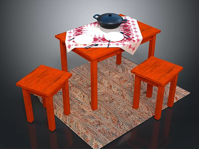 Wooden Table with Stools Red White Checkered Tablecloth Black Pot Plate Spoon Fork on Rug 3d model