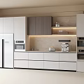 Modern Kitchen Sideboard With White Lower Cabinets Gray Upper Units And Shelf Lighting 3d model