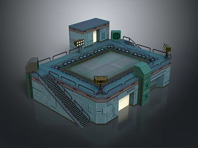 Cartoon Style 3D Scene With Square Court Railing Staircase Building Structure And Lights 3d model
