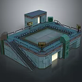 Cartoon Style 3D Scene With Square Court Railing Staircase Building Structure And Lights