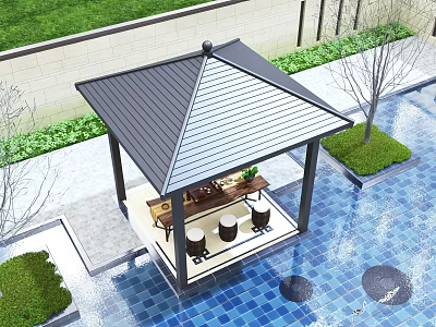 Outdoor Pavilion With Poolside Green Plants Blue Tiled Floor And Relaxation Seating 3d model
