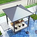 Outdoor Pavilion With Poolside Green Plants Blue Tiled Floor And Relaxation Seating