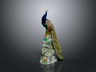 Colorful Peacock Statue With Vibrant Green Blue Feathers Standing On Ornate Decorative Base 3d model