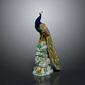 Colorful Peacock Statue With Vibrant Green Blue Feathers Standing On Ornate Decorative Base