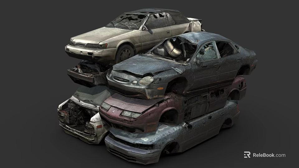 Wrecked Cars Stacked In A Pile With Damaged Bodies And Broken Windows 3d model 