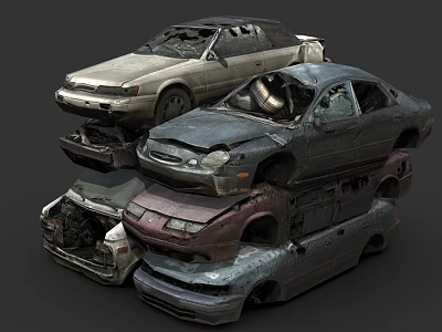 Wrecked Cars Stacked In A Pile With Damaged Bodies And Broken Windows 3d model