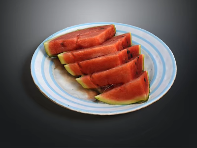 Fresh Sliced Watermelon Served on Blue and White Striped Plate 3d model