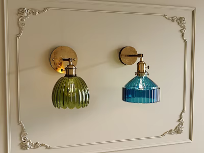 Vintage Wall Lamps With Green And Blue Glass Shades On Ornate White Wall 3d model