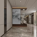 Modern Hotel Lobby Interior With Marble Floor Hanging Pendant Lights Front Desk And Decorative Paintings