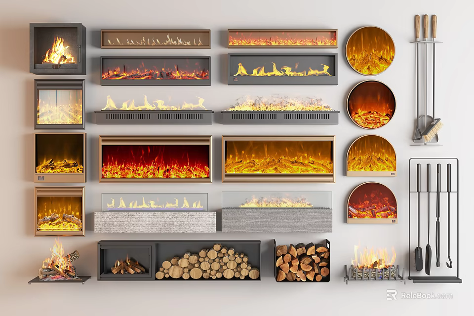 Various Fireplace Designs With Flames Wood Logs And Tools 3d model