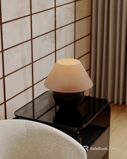 Beige Lampshade Table Lamp With Black Base On Black Glass Table By Lattice Wall 3d model 