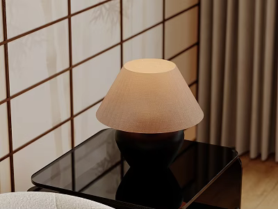 Beige Lampshade Table Lamp With Black Base On Black Glass Table By Lattice Wall 3d model