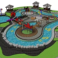 Vibrant Children's Play Area With Play Structures Water Features And Pavilions On Green Lawn