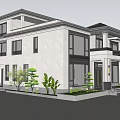 Single Family Villa Exterior Design With White Facade Large Windows And Garden Plants