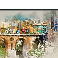 Watercolor Landscape Paintings Four Panel Urban Scenery With Bridge Colorful Buildings And Greenery