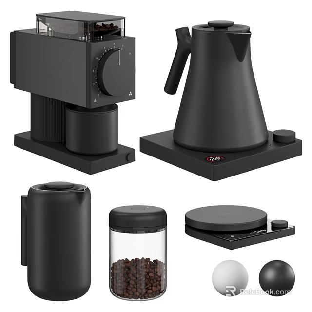 Modern Black Kitchen Tools Including Coffee Machine Pot Grinder And Container 3d model 