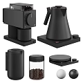 Modern Black Kitchen Tools Including Coffee Machine Pot Grinder And Container