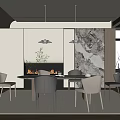 Modern Dining Room Interior With Dining Table Chairs Fireplace Pendant Lights And Marble Wall