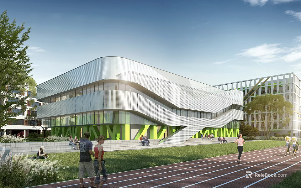 Modern School Building With Curved Glass Facade Green Lawn Running Track And Students 3d model 