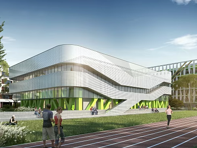 Modern School Building With Curved Glass Facade Green Lawn Running Track And Students 3d model