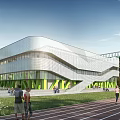 Modern School Building With Curved Glass Facade Green Lawn Running Track And Students