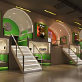 Modern Restaurant Interior With Green Orange Decor Neon Sign Staircases And Seating Booths