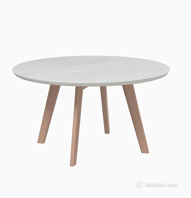 Round Dining Table With White Marble Top And Light Wooden Legs 3d model